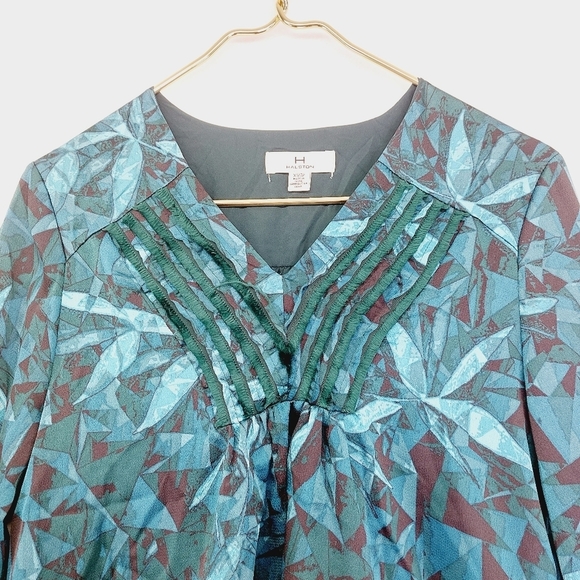 H by Halston Greene Street Peacock All Over Leaves V Neck Hi Low Hem Top P5238 - Picture 3 of 8